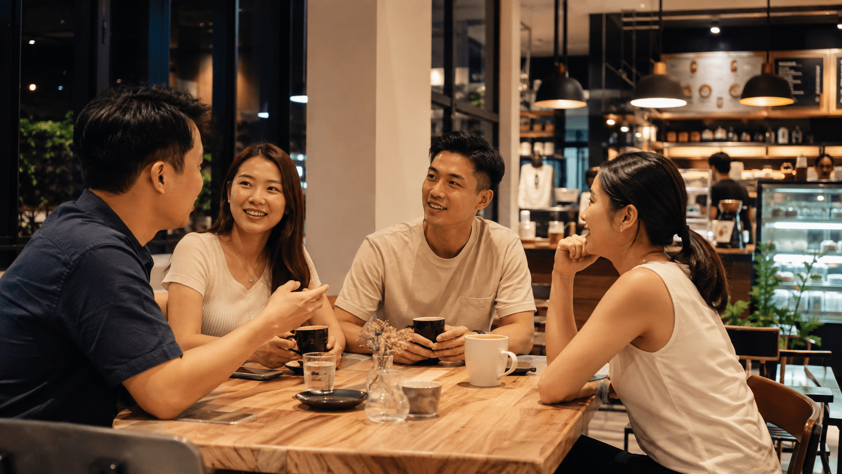Four young adults sharing a relaxed evening conversation in a café